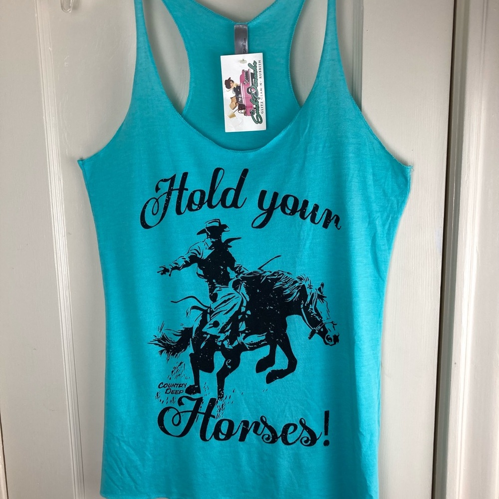 Western Cowgirl Hold Your Horses racer back tank M